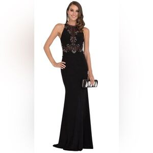 Black Embellished Sheer Waist Evening Dress